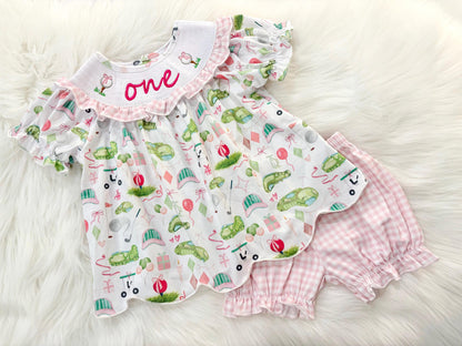 hole in one golf outfit shirt and bubble shorts first birthday girl romper spring baby pink and white gingham argyle green hot pink scalloped shirt shorts outfit, ONE smocked romper first birthday par tee, golfing golf balls embroidered smocked 1st birthday outfit romper baby girls golf first birthday outfit
