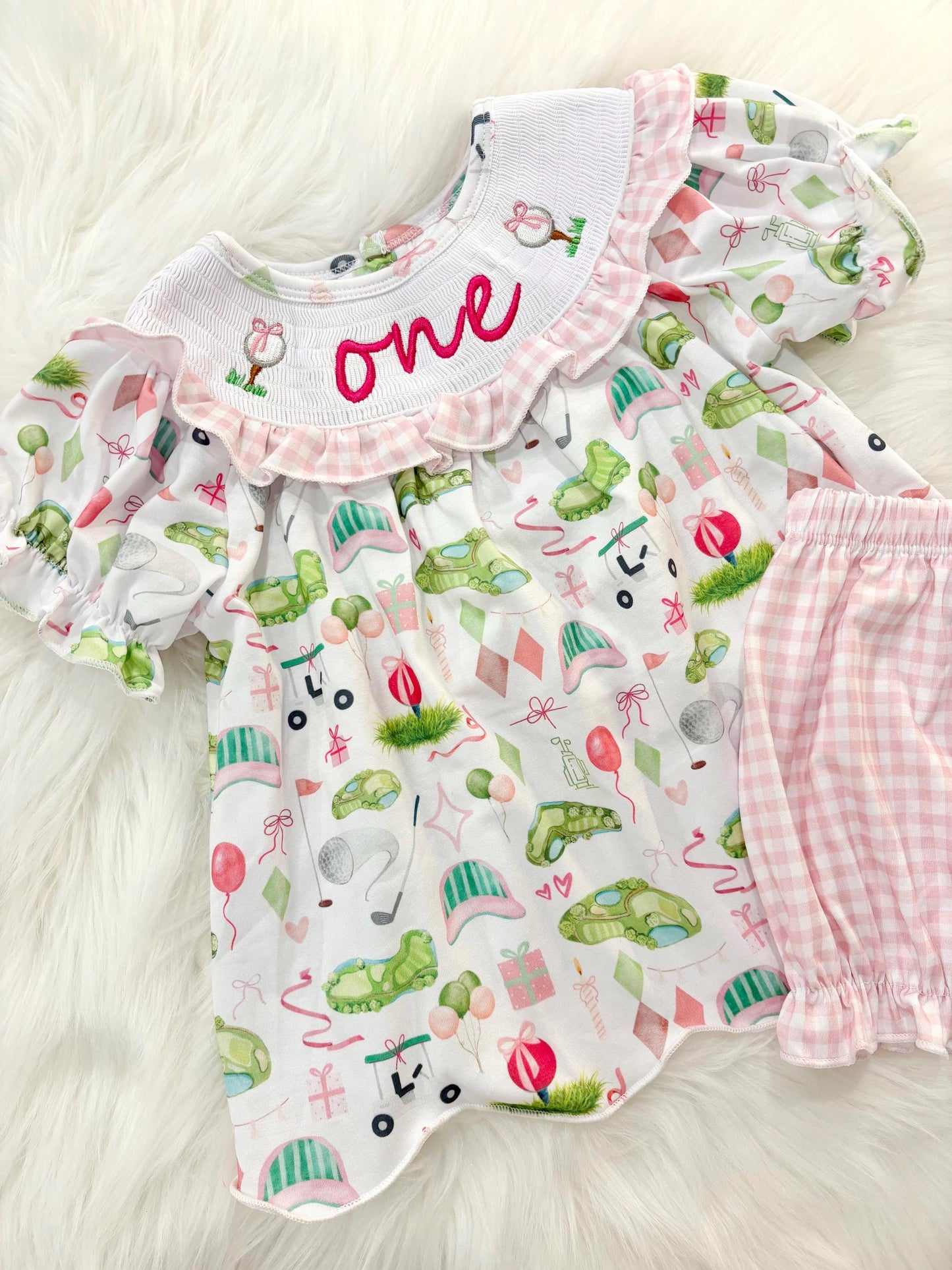 hole in one golf outfit shirt and bubble shorts first birthday girl romper spring baby pink and white gingham argyle green hot pink scalloped shirt shorts outfit, ONE smocked romper first birthday par tee, golfing golf balls embroidered smocked 1st birthday outfit romper baby girls golf first birthday outfit