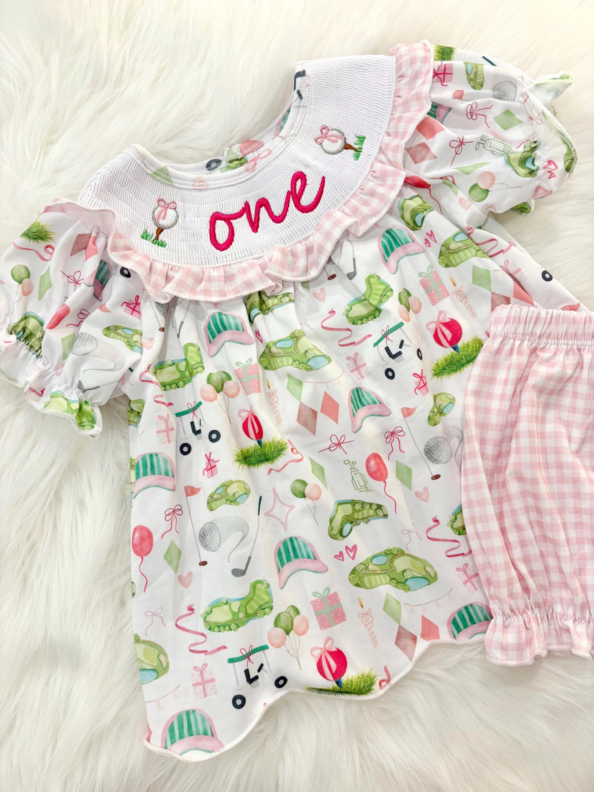 hole in one golf outfit shirt and bubble shorts first birthday girl romper spring baby pink and white gingham argyle green hot pink scalloped shirt shorts outfit, ONE smocked romper first birthday par tee, golfing golf balls embroidered smocked 1st birthday outfit romper baby girls golf first birthday outfit