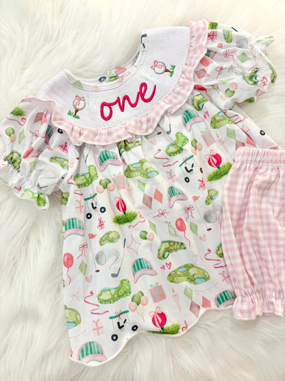 hole in one golf outfit shirt and bubble shorts first birthday girl romper spring baby pink and white gingham argyle green hot pink scalloped shirt shorts outfit, ONE smocked romper first birthday par tee, golfing golf balls embroidered smocked 1st birthday outfit romper baby girls golf first birthday outfit