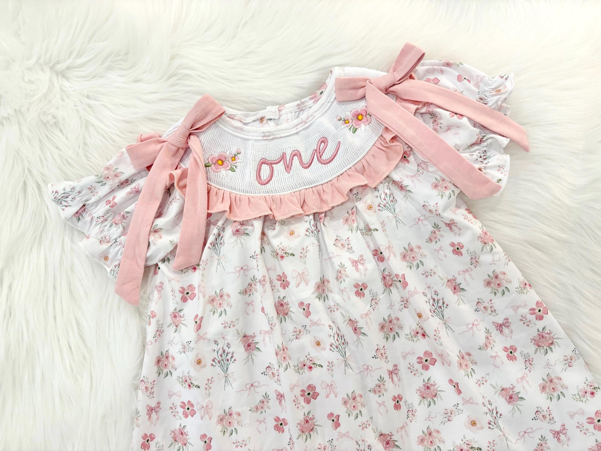 wild one wildflower girls first birthday dress outfit blush pink flowers and bows first birthday girl dress pink and white outfit, dusty rose blush pink green floral smocked dress first birthday embroidered flowers smocked short sleeve 1st birthday outfit ruffle scalloped dress