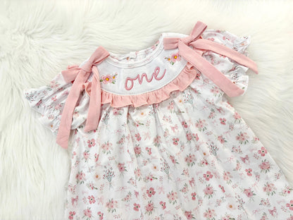 wild one wildflower girls first birthday dress outfit blush pink flowers and bows first birthday girl dress pink and white outfit, dusty rose blush pink green floral smocked dress first birthday embroidered flowers smocked short sleeve 1st birthday outfit ruffle scalloped dress