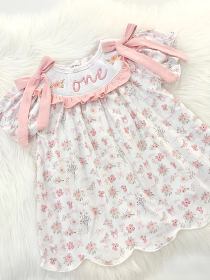 wild one wildflower girls first birthday dress outfit blush pink flowers and bows first birthday girl dress pink and white outfit, dusty rose blush pink green floral smocked dress first birthday embroidered flowers smocked short sleeve 1st birthday outfit ruffle scalloped dress