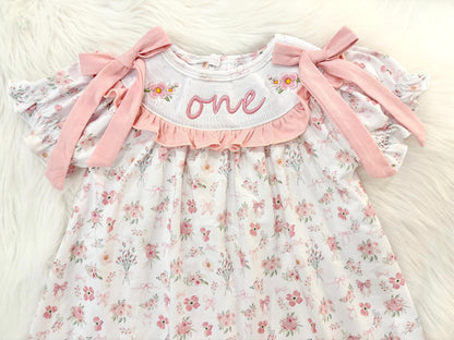 wild one wildflower girls first birthday dress outfit blush pink flowers and bows first birthday girl dress pink and white outfit, dusty rose blush pink green floral smocked dress first birthday embroidered flowers smocked short sleeve 1st birthday outfit ruffle scalloped dress
