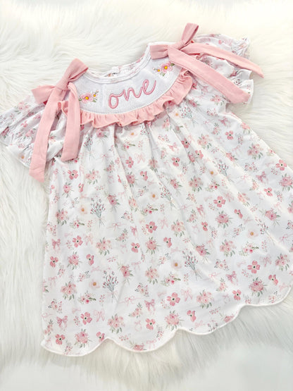 wild one wildflower girls first birthday dress outfit blush pink flowers and bows first birthday girl dress pink and white outfit, dusty rose blush pink green floral smocked dress first birthday embroidered flowers smocked short sleeve 1st birthday outfit ruffle scalloped dress