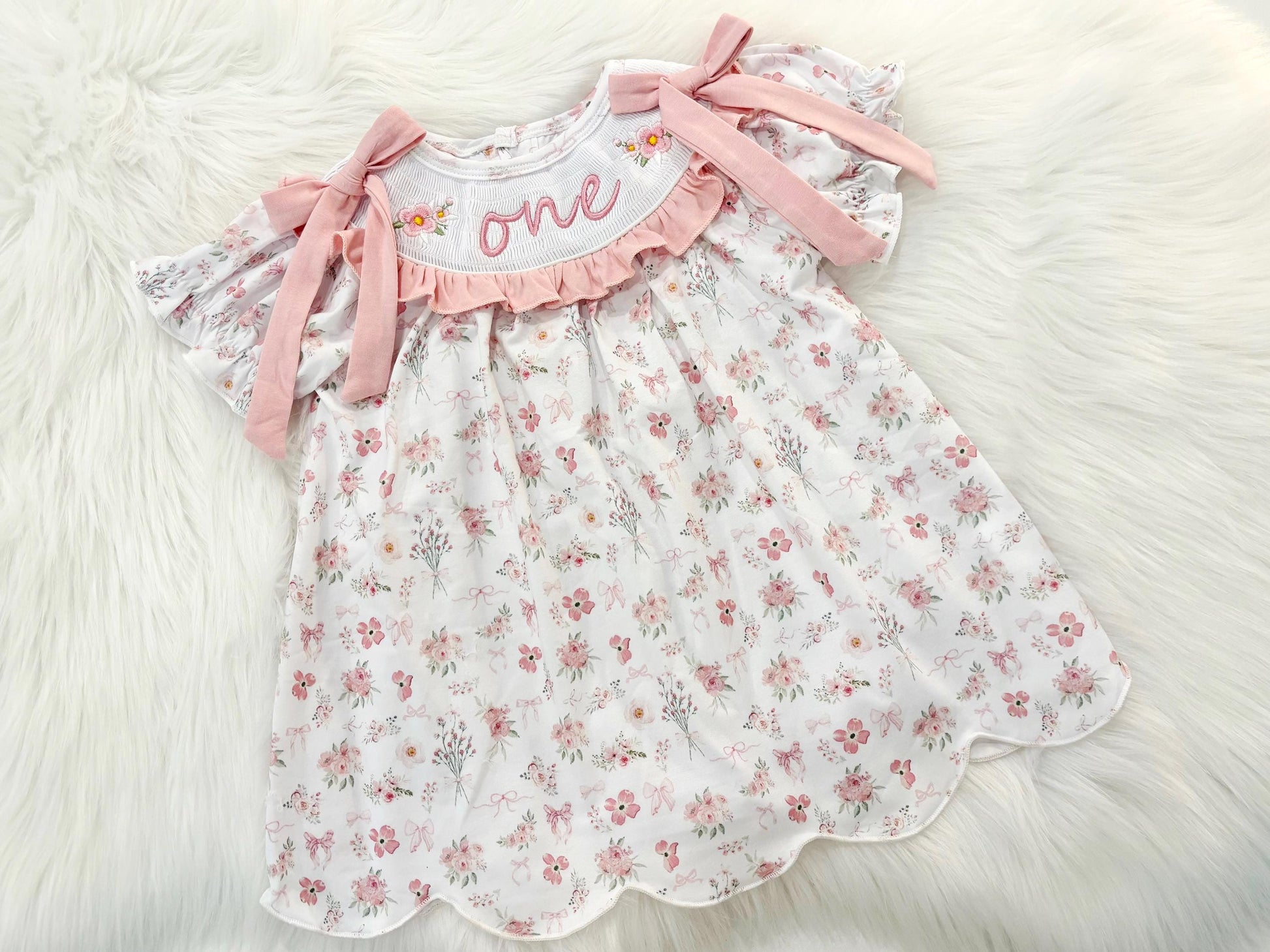 wild one wildflower girls first birthday dress outfit blush pink flowers and bows first birthday girl dress pink and white outfit, dusty rose blush pink green floral smocked dress first birthday embroidered flowers smocked short sleeve 1st birthday outfit ruffle scalloped dress