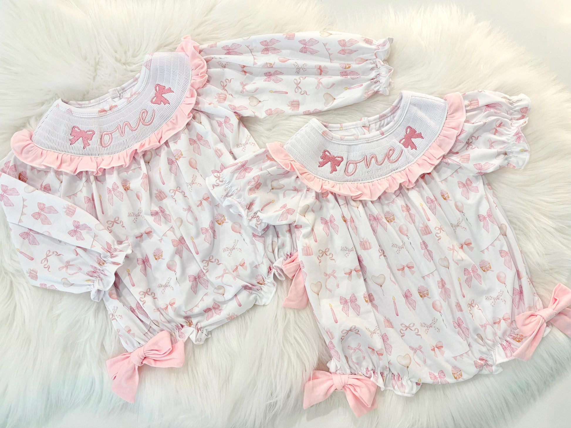 pink bow first birthday girl romper pink and white outfit, pink white smocked bubble romper first birthday winter bows ruffle bows  embroidered smocked long sleeve 1st birthday outfit romper baby girls