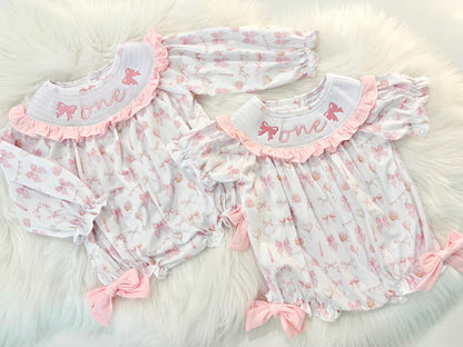 pink bow first birthday girl romper pink and white outfit, pink white smocked bubble romper first birthday winter bows ruffle bows  embroidered smocked long sleeve 1st birthday outfit romper baby girls