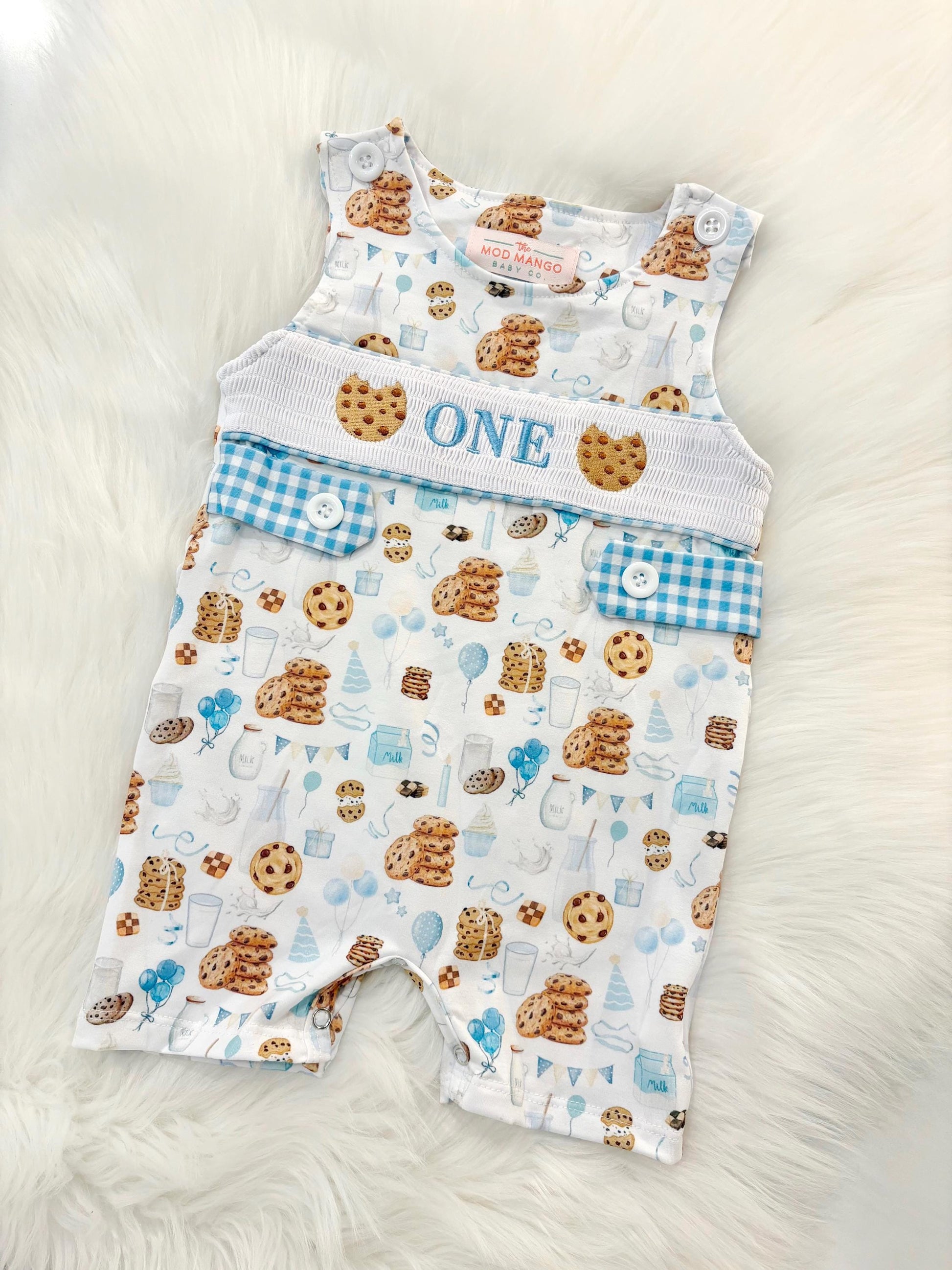 milk and cookies birthday boy romper sweet one cookies shortalls brown tan blue white gingham smash cake outfit overalls, ONE smocked romper first birthday cookies, milk and cookies embroidered smocked spring summer fall 1st birthday boy outfit romper baby boys sweets 1st birthday