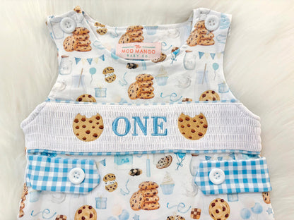 milk and cookies birthday boy romper sweet one cookies shortalls brown tan blue white gingham smash cake outfit overalls, ONE smocked romper first birthday cookies, milk and cookies embroidered smocked spring summer fall 1st birthday boy outfit romper baby boys sweets 1st birthday