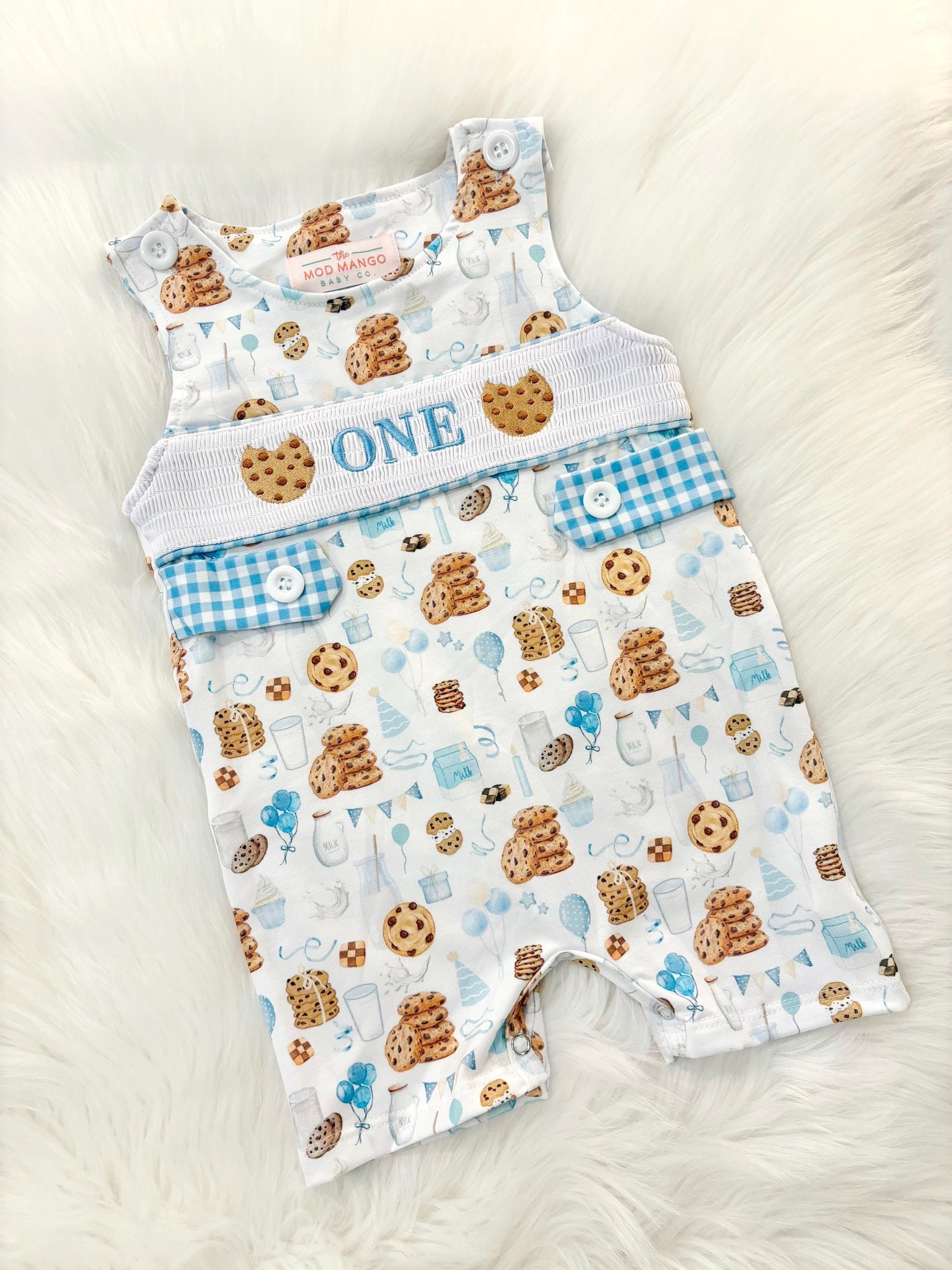 milk and cookies birthday boy romper sweet one cookies shortalls brown tan blue white gingham smash cake outfit overalls, ONE smocked romper first birthday cookies, milk and cookies embroidered smocked spring summer fall 1st birthday boy outfit romper baby boys sweets 1st birthday