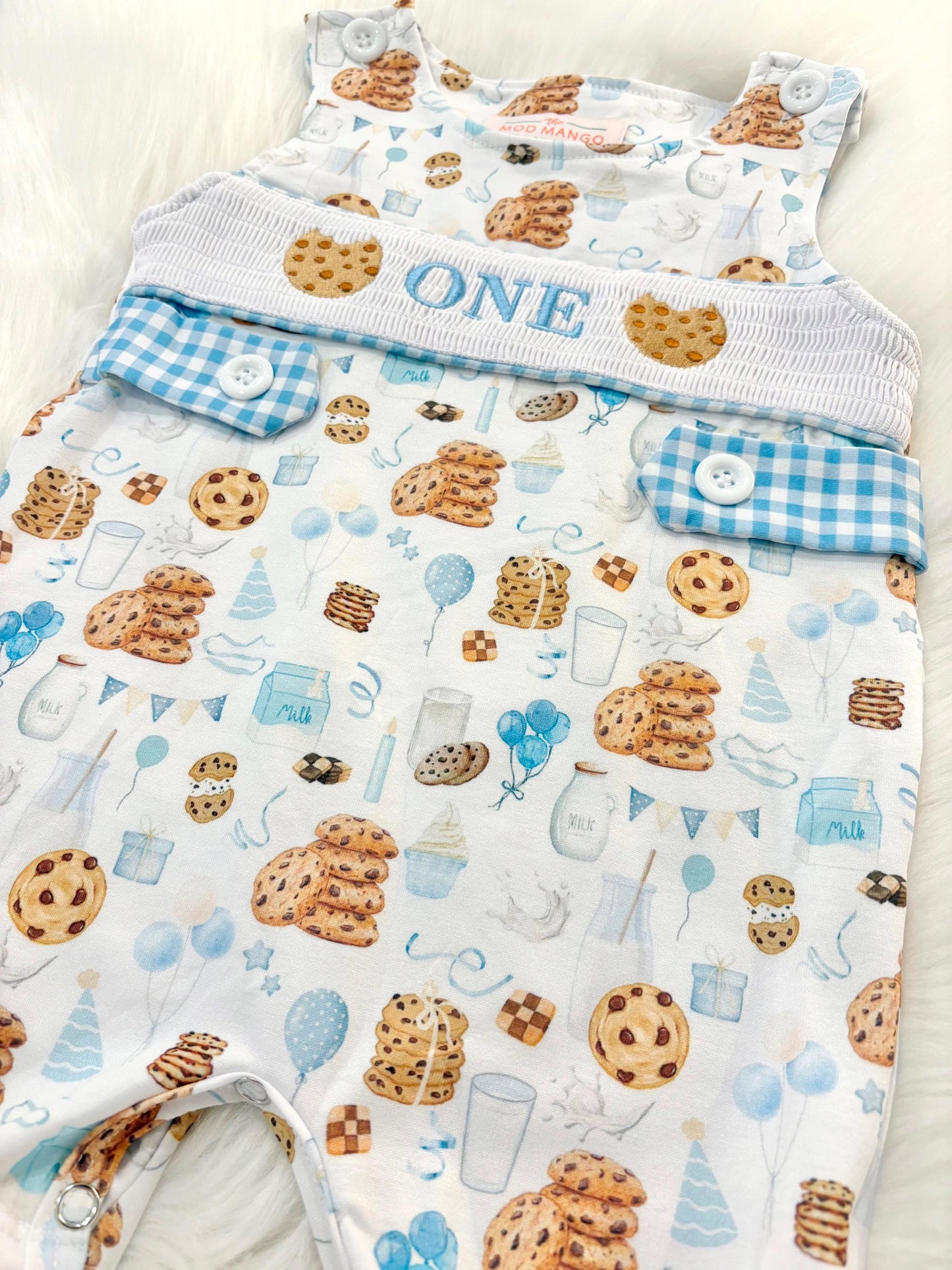 milk and cookies birthday boy romper sweet one cookies shortalls brown tan blue white gingham smash cake outfit overalls, ONE smocked romper first birthday cookies, milk and cookies embroidered smocked spring summer fall 1st birthday boy outfit romper baby boys sweets 1st birthday