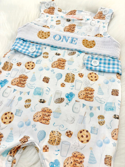 milk and cookies birthday boy romper sweet one cookies shortalls brown tan blue white gingham smash cake outfit overalls, ONE smocked romper first birthday cookies, milk and cookies embroidered smocked spring summer fall 1st birthday boy outfit romper baby boys sweets 1st birthday