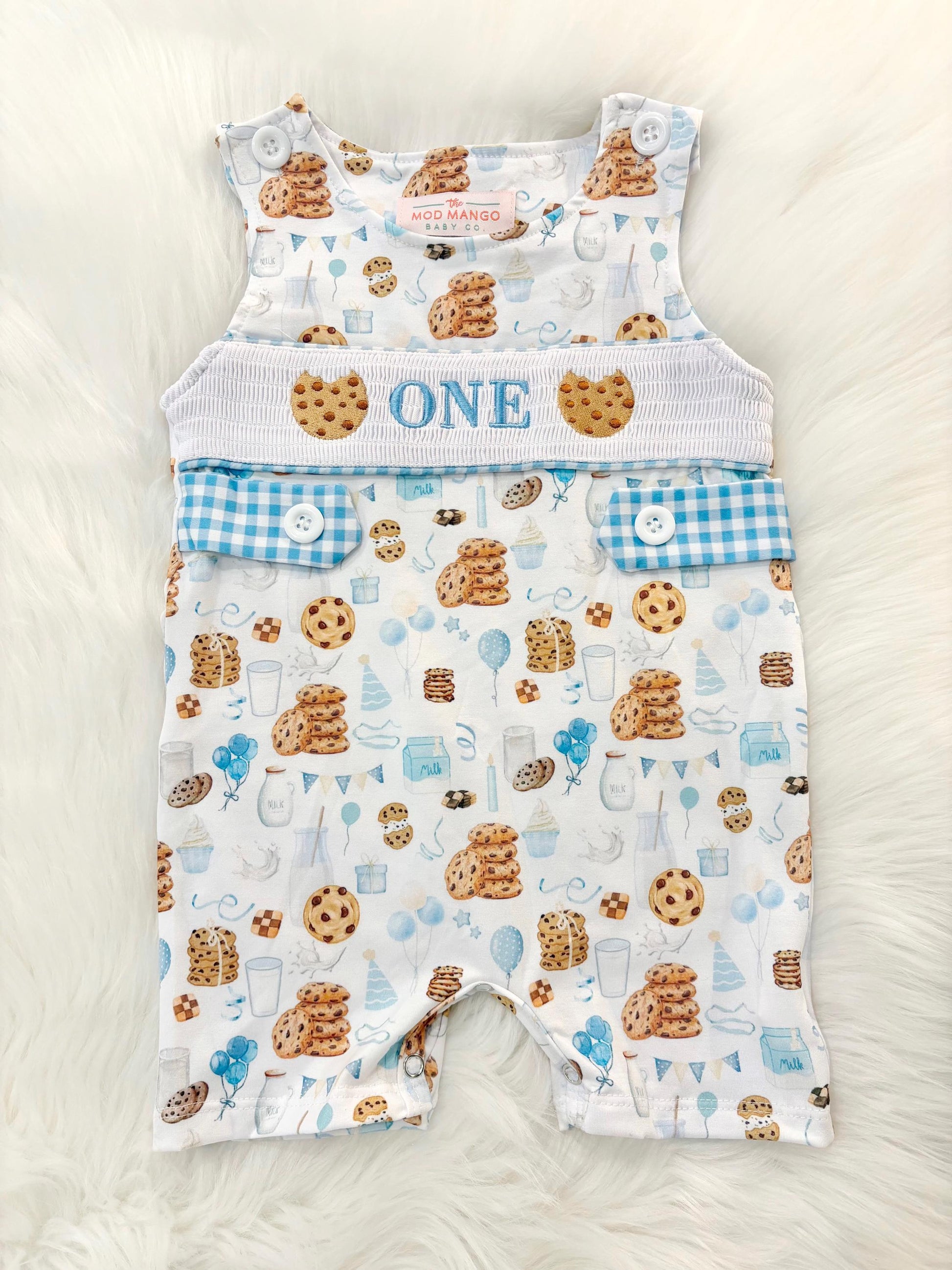 milk and cookies birthday boy romper sweet one cookies shortalls brown tan blue white gingham smash cake outfit overalls, ONE smocked romper first birthday cookies, milk and cookies embroidered smocked spring summer fall 1st birthday boy outfit romper baby boys sweets 1st birthday