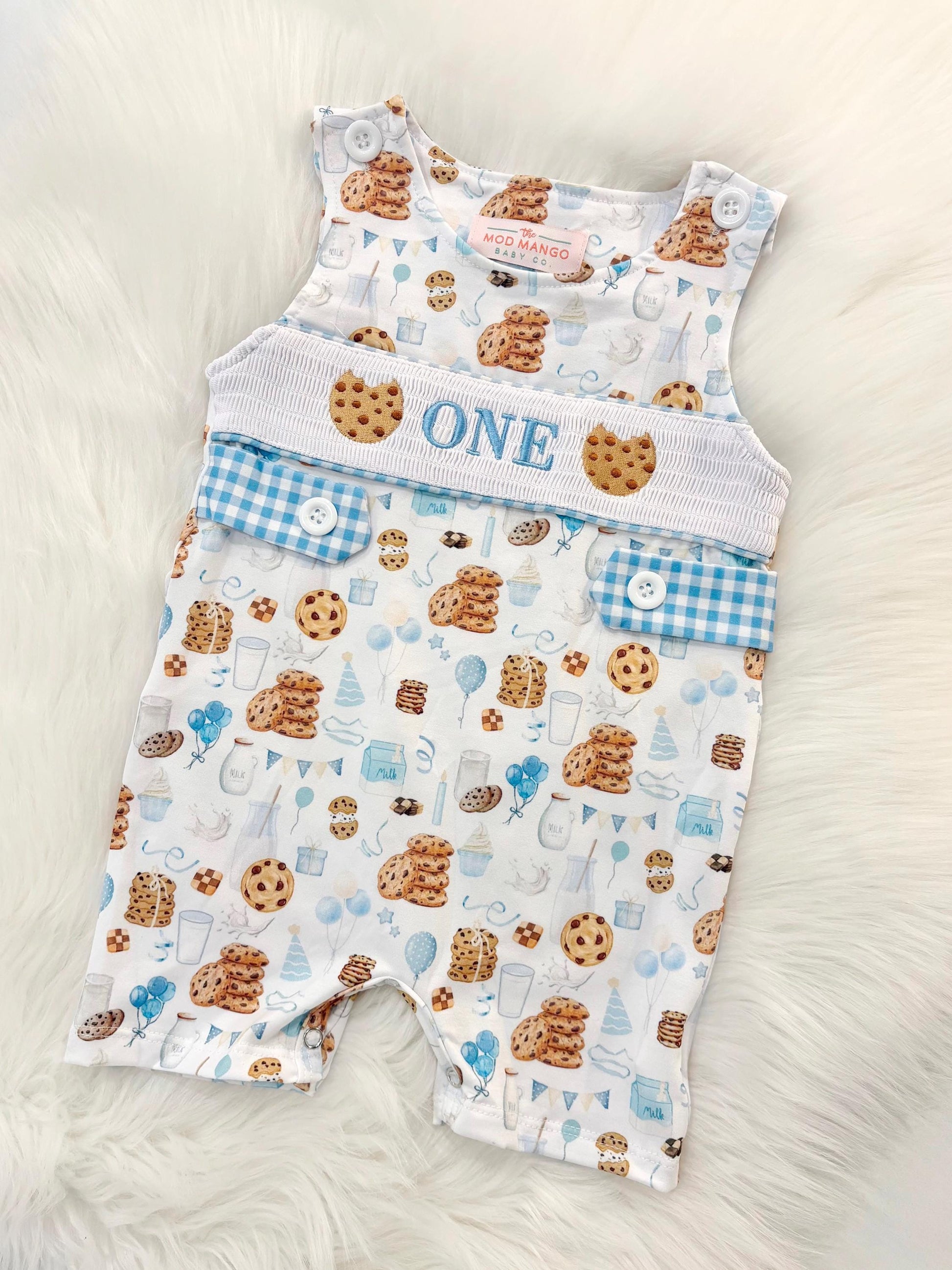 milk and cookies birthday boy romper sweet one cookies shortalls brown tan blue white gingham smash cake outfit overalls, ONE smocked romper first birthday cookies, milk and cookies embroidered smocked spring summer fall 1st birthday boy outfit romper baby boys sweets 1st birthday