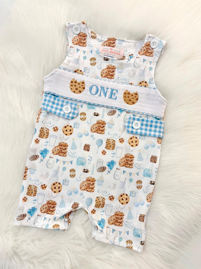 milk and cookies birthday boy romper sweet one cookies shortalls brown tan blue white gingham smash cake outfit overalls, ONE smocked romper first birthday cookies, milk and cookies embroidered smocked spring summer fall 1st birthday boy outfit romper baby boys sweets 1st birthday