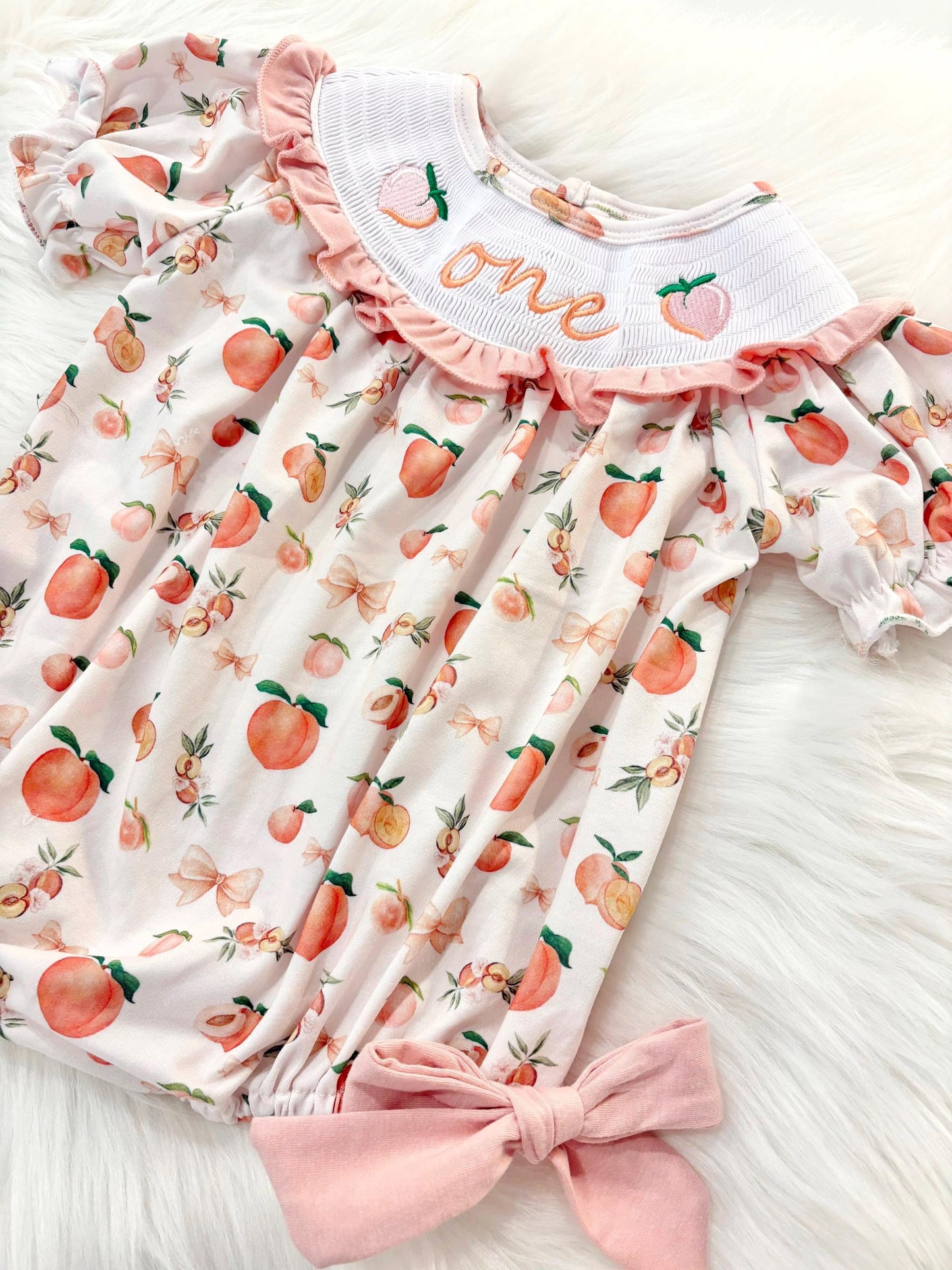 one sweet peach girls first birthday bubble romper outfit peachy blush pink bows first birthday girl romper peach and white outfit, peach smocked dress first birthday embroidered peaches smocked short sleeve 1st birthday outfit ruffle bubble romper baby girls