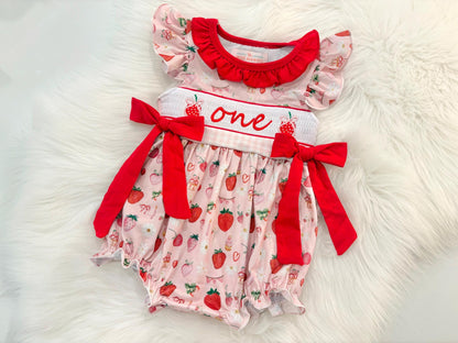 berry first birthday outfit bubble romper red and pink strawberries and bows first birthday girl romper pink red and white gingham outfit, girls berry sweet red white smocked bubble romper first birthday spring summer bows ruffle embroidered smocked strawberry 1st birthday outfit romper baby girl cake smash outfit fruit, the mod mango baby boutique co