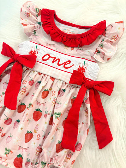 berry first birthday outfit bubble romper red and pink strawberries and bows first birthday girl romper pink red and white gingham outfit, girls berry sweet red white smocked bubble romper first birthday spring summer bows ruffle embroidered smocked strawberry 1st birthday outfit romper baby girl