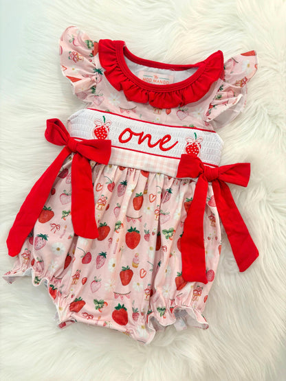 berry first birthday outfit bubble romper red and pink strawberries and bows first birthday girl romper pink red and white gingham outfit, girls berry sweet red white smocked bubble romper first birthday spring summer bows ruffle embroidered smocked strawberry 1st birthday outfit romper baby girl