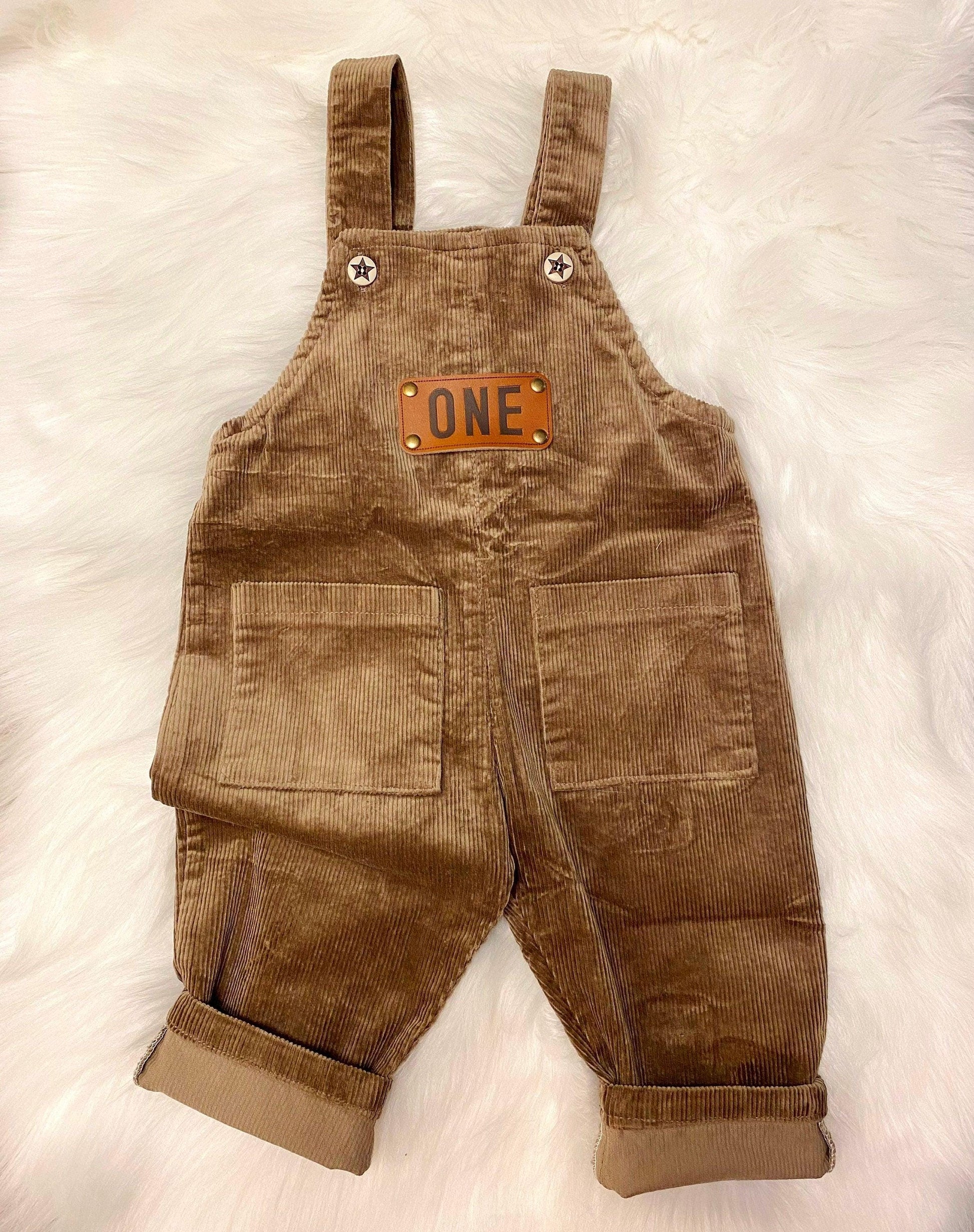Brown tan cream neutral one boys romper first birthday overalls outfit, leather one patch, beary first, one happy camper, woodland first birthday, corduroy overalls baby boys first birthday outfit, fall winter boy birthday baby boys one romper outfit