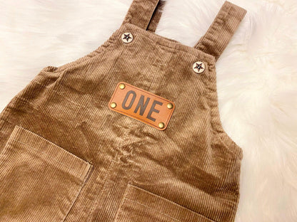 Brown tan cream neutral one boys romper first birthday overalls outfit, leather one patch, beary first, one happy camper, woodland first birthday, corduroy overalls baby boys first birthday outfit, fall winter boy birthday baby boys one romper outfit