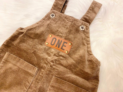 Brown tan cream neutral one boys romper first birthday overalls outfit, leather one patch, beary first, one happy camper, woodland first birthday, corduroy overalls baby boys first birthday outfit, fall winter boy birthday baby boys one romper outfit