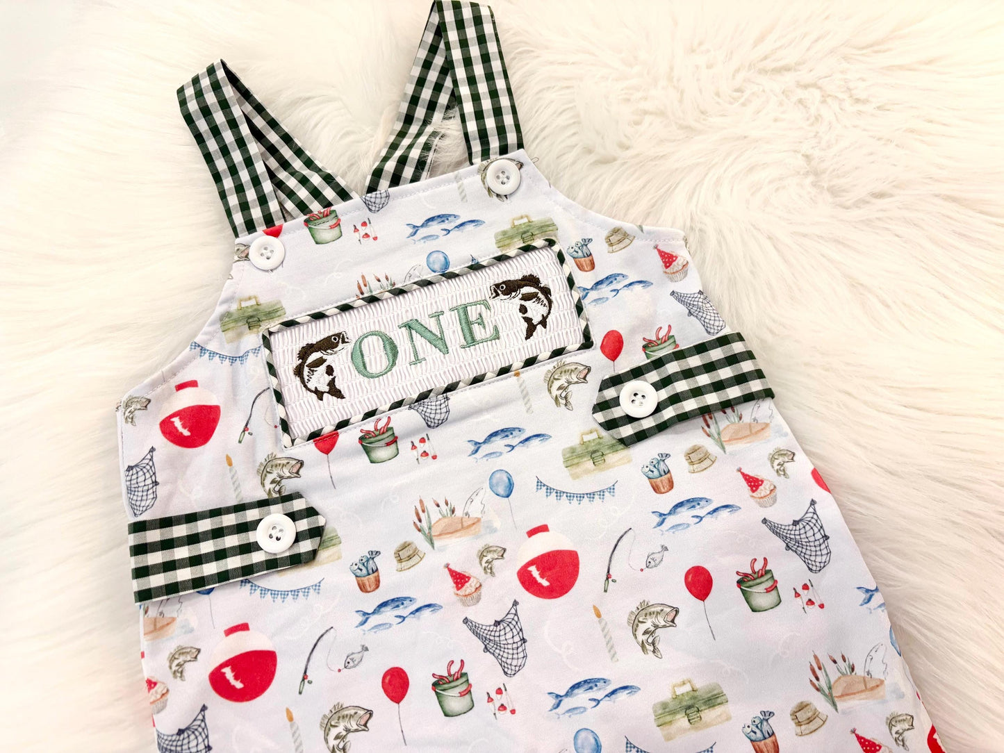 ofishally one first birthday boy romper fishing hunter green white gingham red blue smash cake outfit overalls, ONE smocked romper first birthday fish party fishing, outdoors embroidered smocked spring summer 1st birthday boy outfit romper baby boys