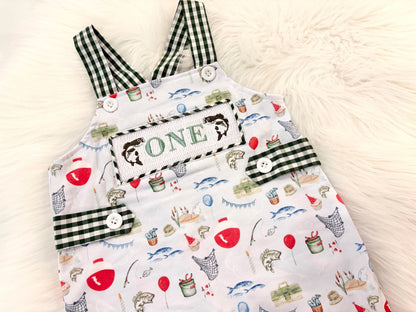 ofishally one first birthday boy romper fishing hunter green white gingham red blue smash cake outfit overalls, ONE smocked romper first birthday fish party fishing, outdoors embroidered smocked spring summer 1st birthday boy outfit romper baby boys