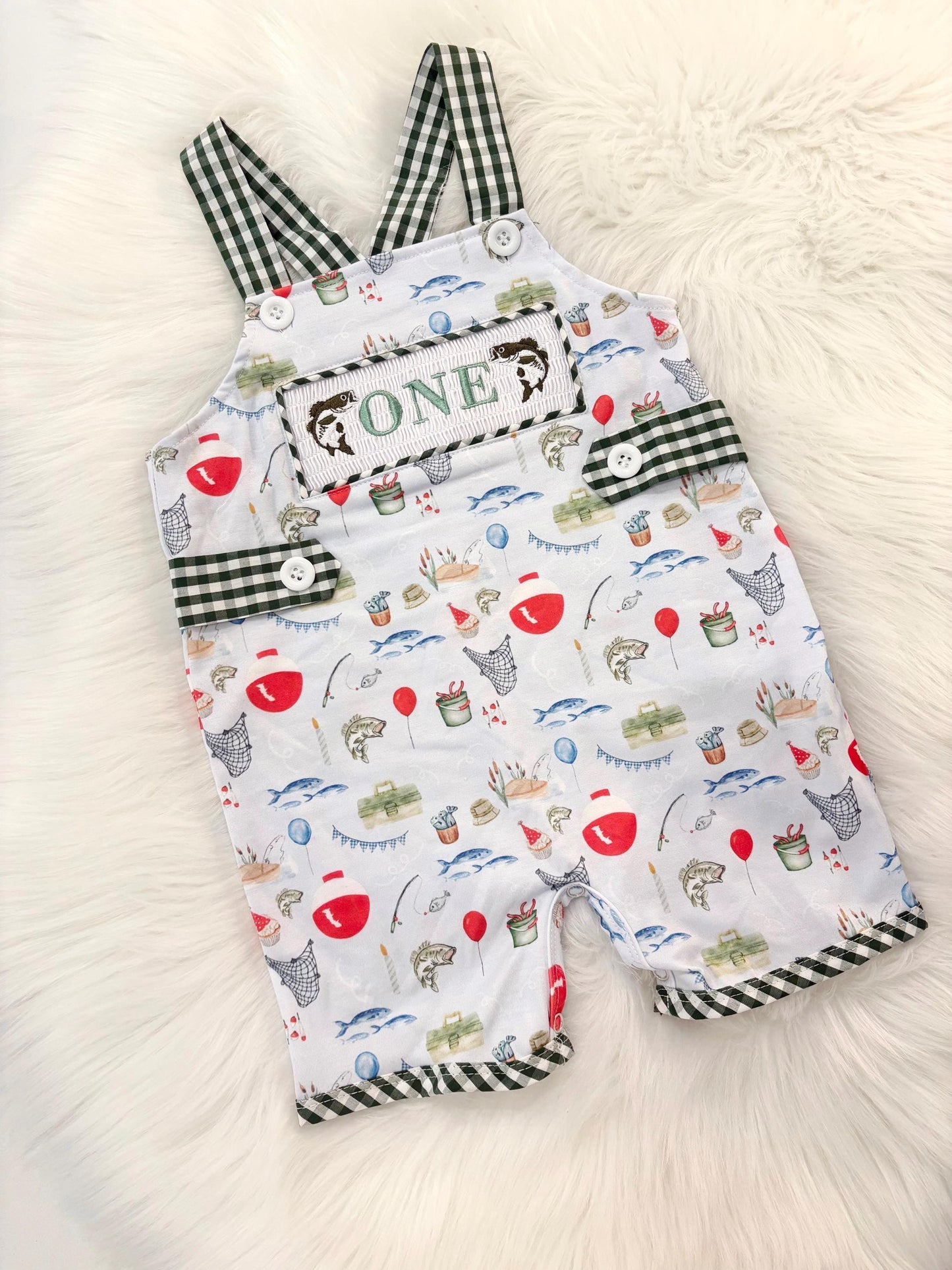 ofishally one first birthday boy romper fishing hunter green white gingham red blue smash cake outfit overalls, ONE smocked romper first birthday fish party fishing, outdoors embroidered smocked spring summer 1st birthday boy outfit romper baby boys