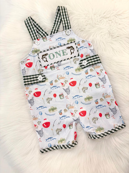ofishally one first birthday boy romper fishing hunter green white gingham red blue smash cake outfit overalls, ONE smocked romper first birthday fish party fishing, outdoors embroidered smocked spring summer 1st birthday boy outfit romper baby boys
