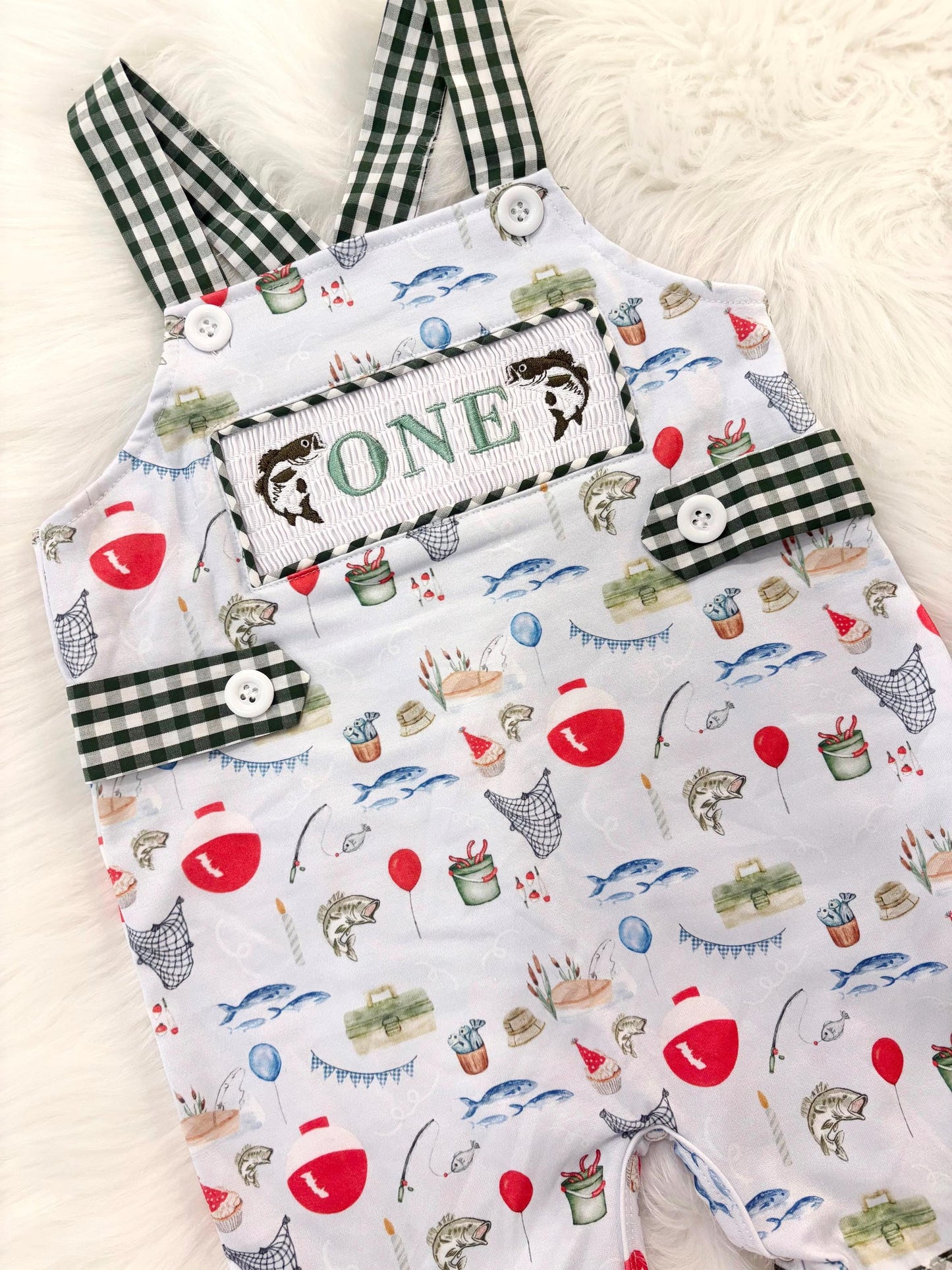 ofishally one first birthday boy romper fishing hunter green white gingham red blue smash cake outfit overalls, ONE smocked romper first birthday fish party fishing, outdoors embroidered smocked spring summer 1st birthday boy outfit romper baby boys