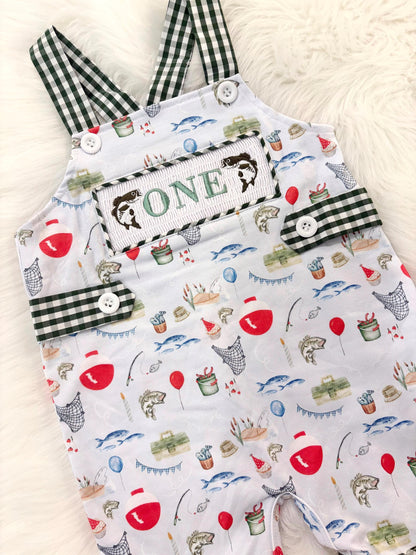 ofishally one first birthday boy romper fishing hunter green white gingham red blue smash cake outfit overalls, ONE smocked romper first birthday fish party fishing, outdoors embroidered smocked spring summer 1st birthday boy outfit romper baby boys