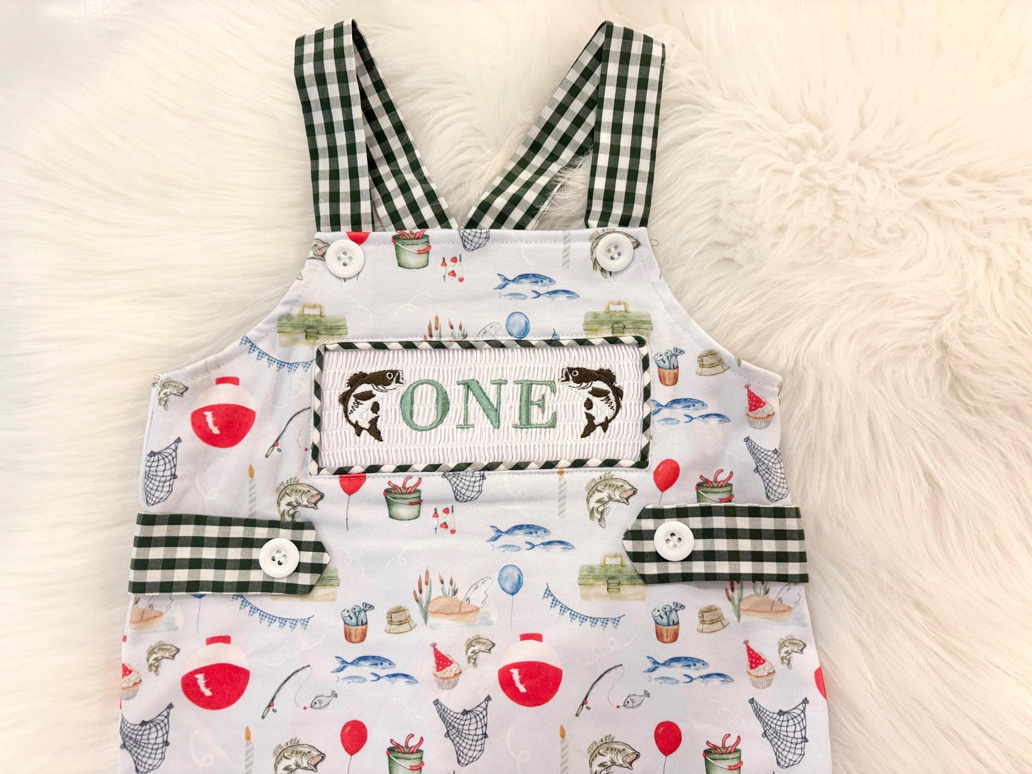 ofishally one first birthday boy romper fishing hunter green white gingham red blue smash cake outfit overalls, ONE smocked romper first birthday fish party fishing, outdoors embroidered smocked spring summer 1st birthday boy outfit romper baby boys