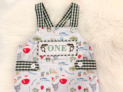 ofishally one first birthday boy romper fishing hunter green white gingham red blue smash cake outfit overalls, ONE smocked romper first birthday fish party fishing, outdoors embroidered smocked spring summer 1st birthday boy outfit romper baby boys