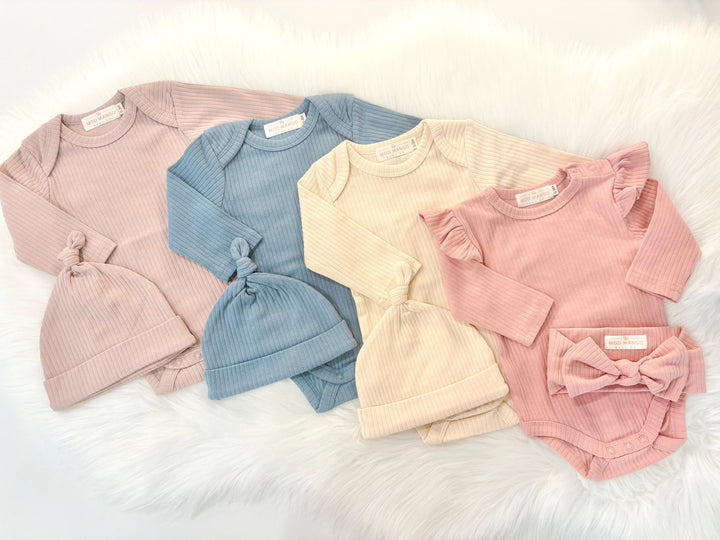 newborn baby boy girl outfit baby shower gift set bodysuit onesie hat headband bow gift set, coming home outfit, going home outfit, take home outfit, newborn hospital basics, boy girl baby shower gift, organic cotton ribbed romper hat headband bow long sleeves boutique baby gift, twins, triplets&#39; multiples outfits boy girl newborn baby khaki beige blue cream pink, the mod mango baby boutique co
