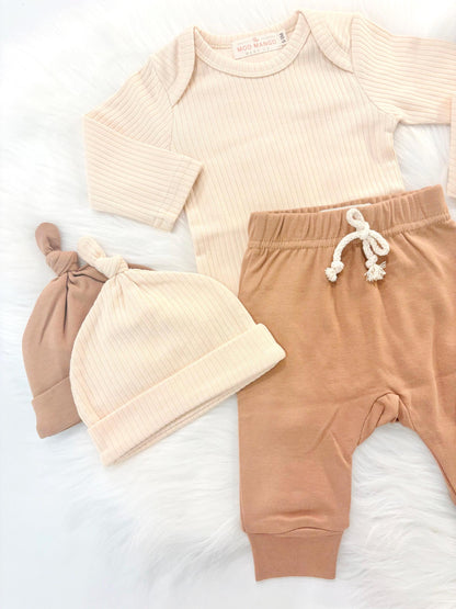 neutral baby boy outfit newborn baby boy twins outfit baby shower gift set bodysuit onesie hat joggers pants gift set, coming home outfit, going home outfit, take home outfit, newborn hospital basics, boy baby shower gift, organic cotton ribbed romper tie hat long sleeves boutique baby gift, twins, triplets' multiples outfits boy newborn baby khaki beige blue cream brown checkered