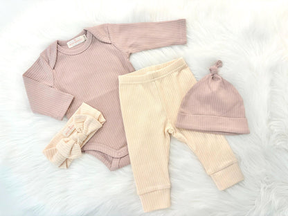 newborn baby girl twins outfit baby shower gift set bodysuit onesie hat leggings pants headband bow gift set, coming home outfit, going home outfit, take home outfit, newborn hospital basics, girl baby shower gift, organic cotton ribbed romper tie hat long sleeves boutique baby gift, twins, triplets' multiples outfits girl newborn baby khaki blush cream pink