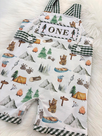 one happy camper first birthday boy romper camping hunter green white gingham tan beige brown smash cake outfit overalls, ONE smocked romper first birthday camping, outdoors embroidered smocked spring summer 1st birthday boy outfit romper baby boys