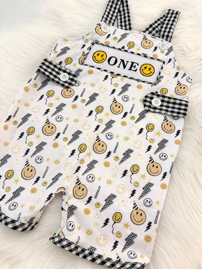 one happy dude first birthday boy romper smiley face yellow black white checkered gingham rad lightning bolt eyes smiley face smash cake outfit overalls, ONE smocked romper first birthday happy boy, happy face embroidered smocked spring summer 1st birthday boy outfit romper baby boys