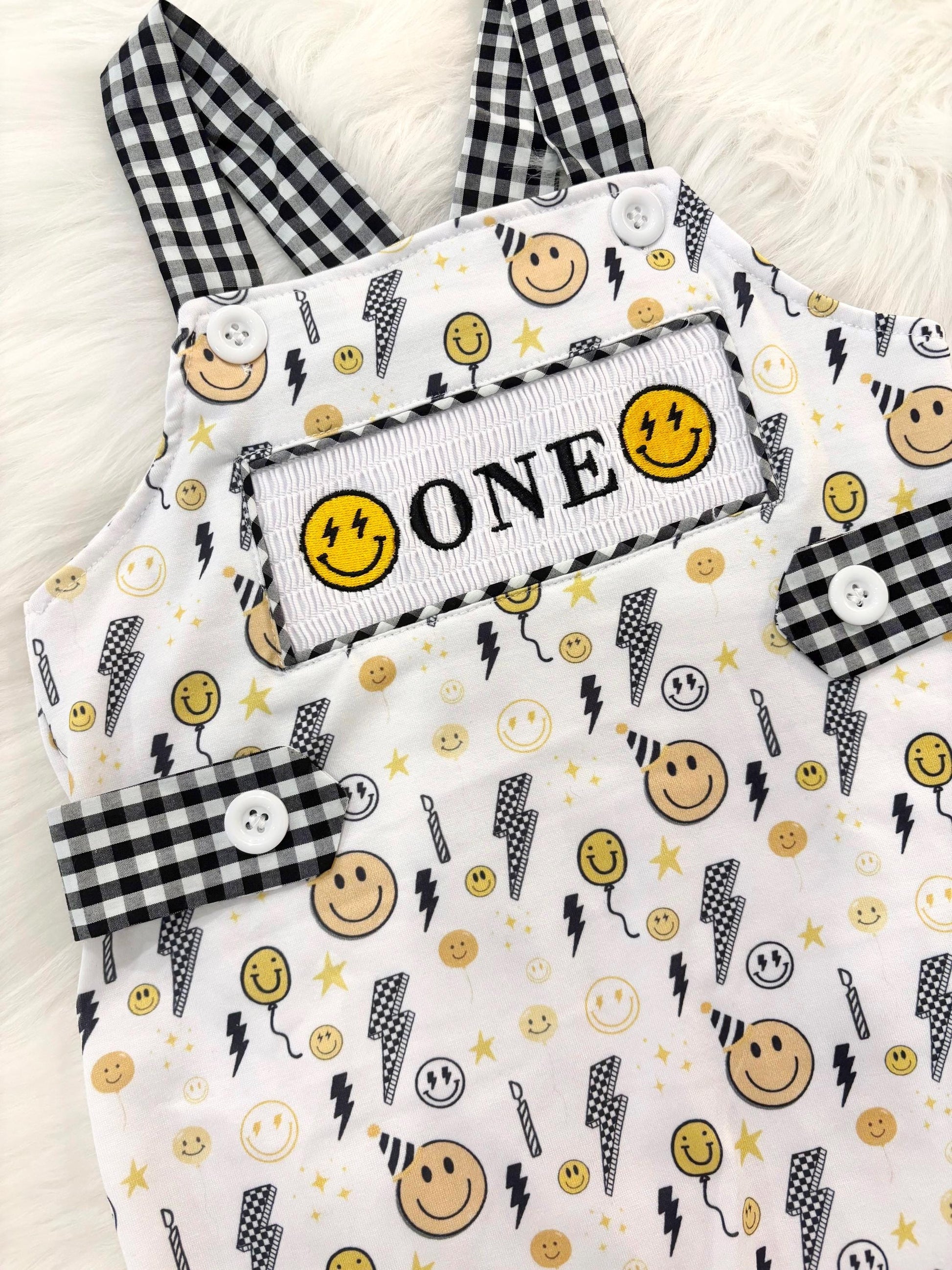 one happy dude first birthday boy romper smiley face yellow black white checkered gingham rad lightning bolt eyes smiley face smash cake outfit overalls, ONE smocked romper first birthday happy boy, happy face embroidered smocked spring summer 1st birthday boy outfit romper baby boys