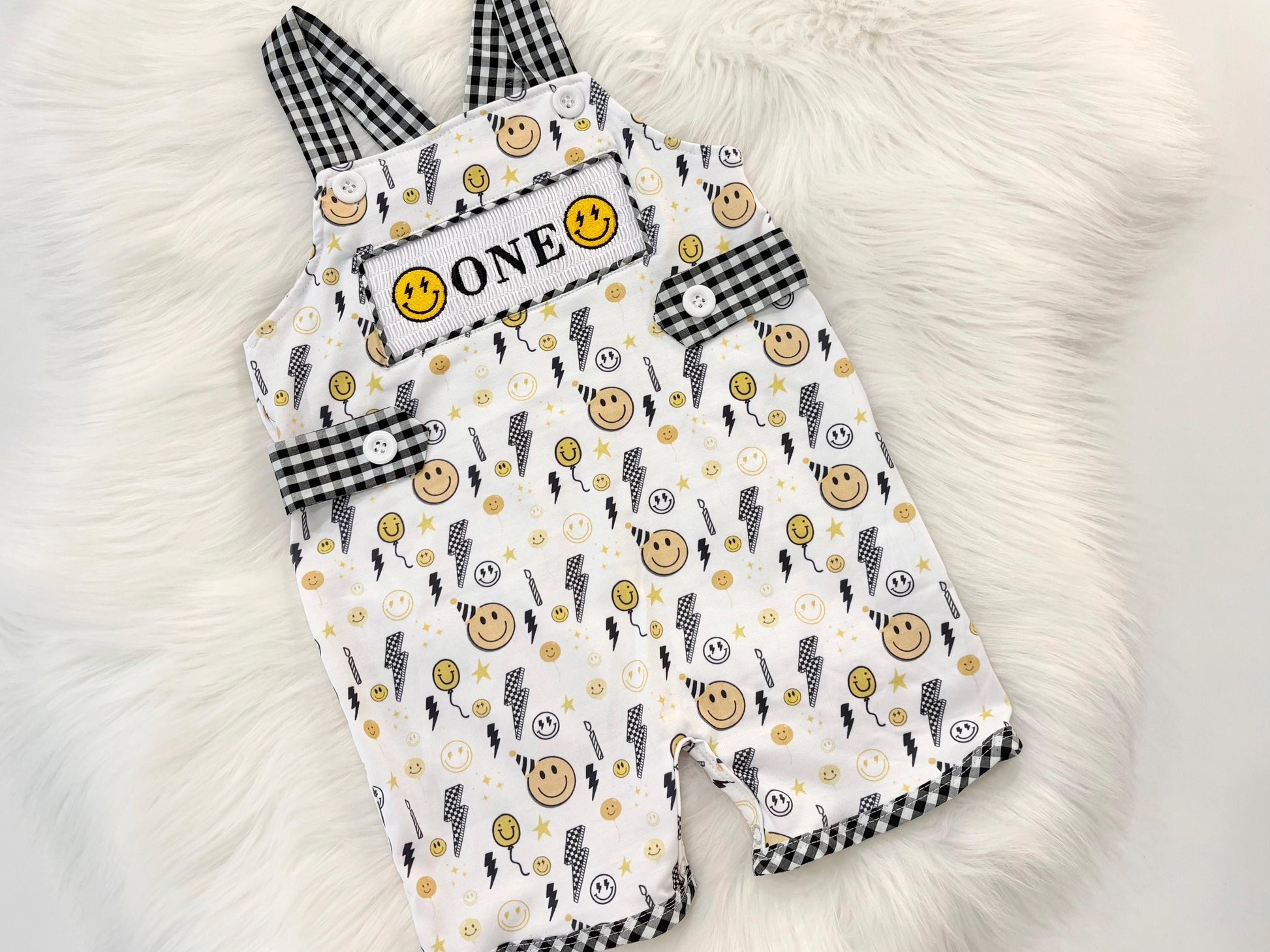 one happy dude first birthday boy romper smiley face yellow black white checkered gingham rad lightning bolt eyes smiley face smash cake outfit overalls, ONE smocked romper first birthday happy boy, happy face embroidered smocked spring summer 1st birthday boy outfit romper baby boys