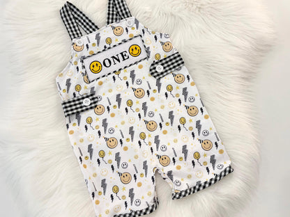 one happy dude first birthday boy romper smiley face yellow black white checkered gingham rad lightning bolt eyes smiley face smash cake outfit overalls, ONE smocked romper first birthday happy boy, happy face embroidered smocked spring summer 1st birthday boy outfit romper baby boys
