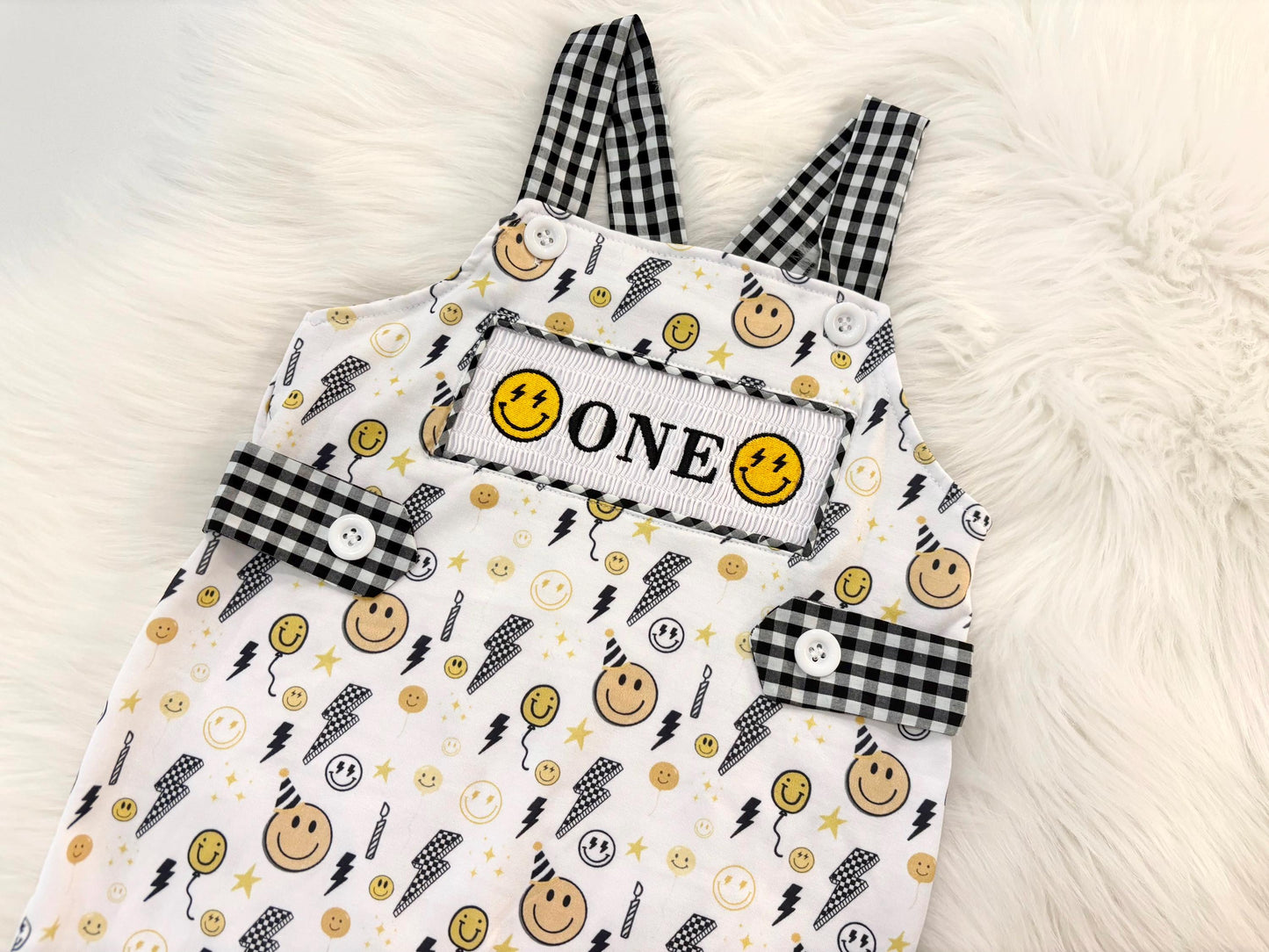 one happy dude first birthday boy romper smiley face yellow black white checkered gingham rad lightning bolt eyes smiley face smash cake outfit overalls, ONE smocked romper first birthday happy boy, happy face embroidered smocked spring summer 1st birthday boy outfit romper baby boys