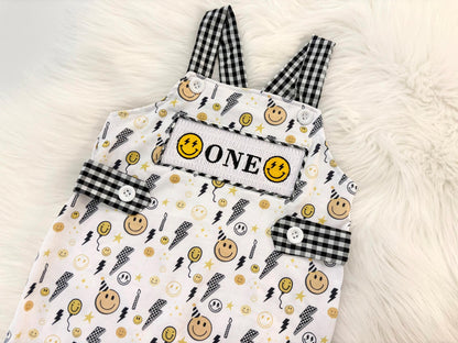 one happy dude first birthday boy romper smiley face yellow black white checkered gingham rad lightning bolt eyes smiley face smash cake outfit overalls, ONE smocked romper first birthday happy boy, happy face embroidered smocked spring summer 1st birthday boy outfit romper baby boys