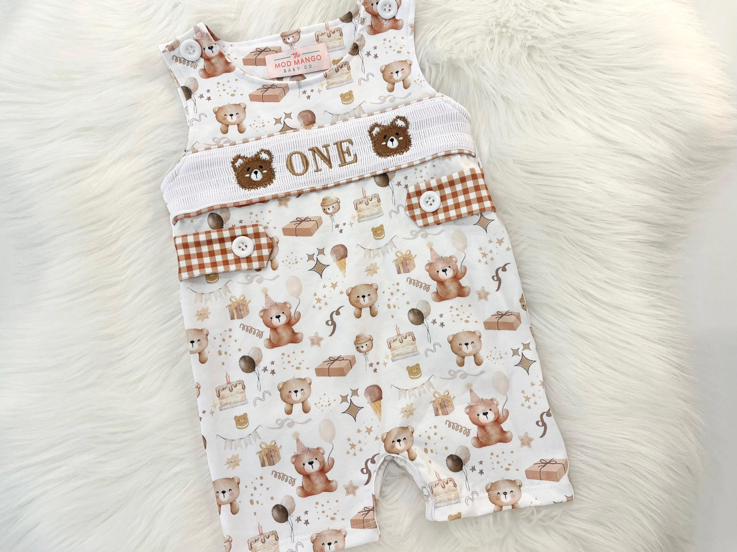 beary first birthday boy romper teddy bear shortalls brown tan beige white gingham smash cake outfit overalls, ONE smocked romper first birthday bears, teddy bear embroidered smocked spring summer fall 1st birthday boy outfit romper baby boys beary 1st birthday