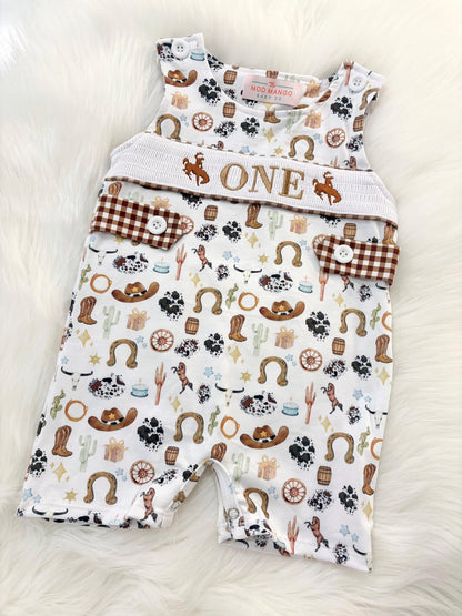 my first rodeo birthday boy romper cowboy western shortalls brown tan beige white gingham smash cake outfit overalls, ONE smocked romper first birthday cowboy, rodeo western cowboy embroidered smocked spring summer fall 1st birthday boy outfit romper baby boys rodeo 1st birthday