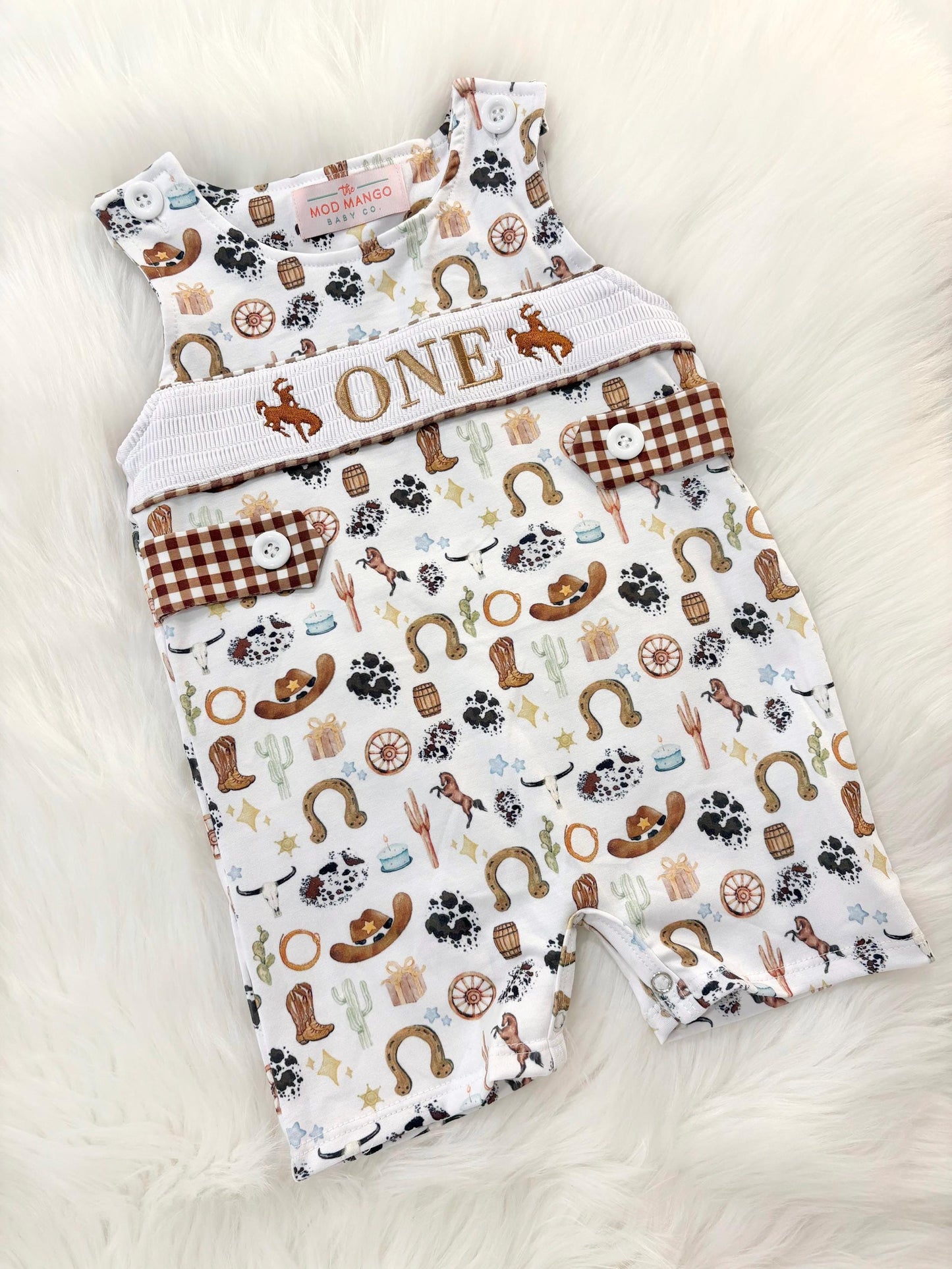 my first rodeo birthday boy romper cowboy western shortalls brown tan beige white gingham smash cake outfit overalls, ONE smocked romper first birthday cowboy, rodeo western cowboy embroidered smocked spring summer fall 1st birthday boy outfit romper baby boys rodeo 1st birthday