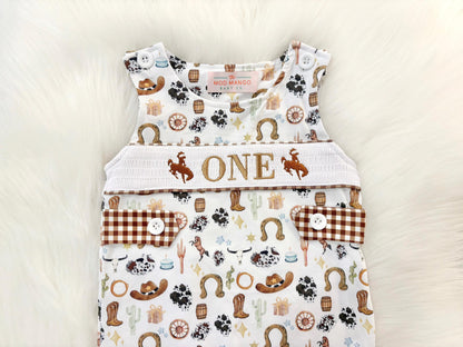 my first rodeo birthday boy romper cowboy western shortalls brown tan beige white gingham smash cake outfit overalls, ONE smocked romper first birthday cowboy, rodeo western cowboy embroidered smocked spring summer fall 1st birthday boy outfit romper baby boys rodeo 1st birthday