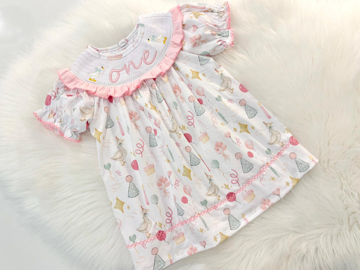 one silly goose girls first birthday dress outfit hot pink first birthday girl dress pink and white outfit, pink sage green smocked dress first birthday embroidered  goose smocked short sleeve 1st birthday outfit ruffle dress baby girls